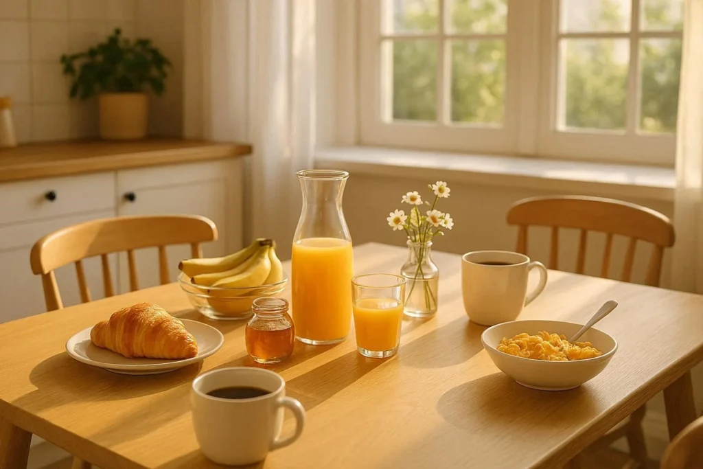 Fresh breakfast setting with natural light on a wooden table