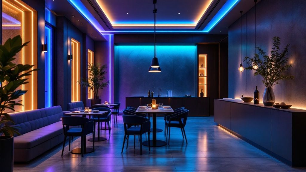 Peaceful evening dinner setting with warm ambient lighting